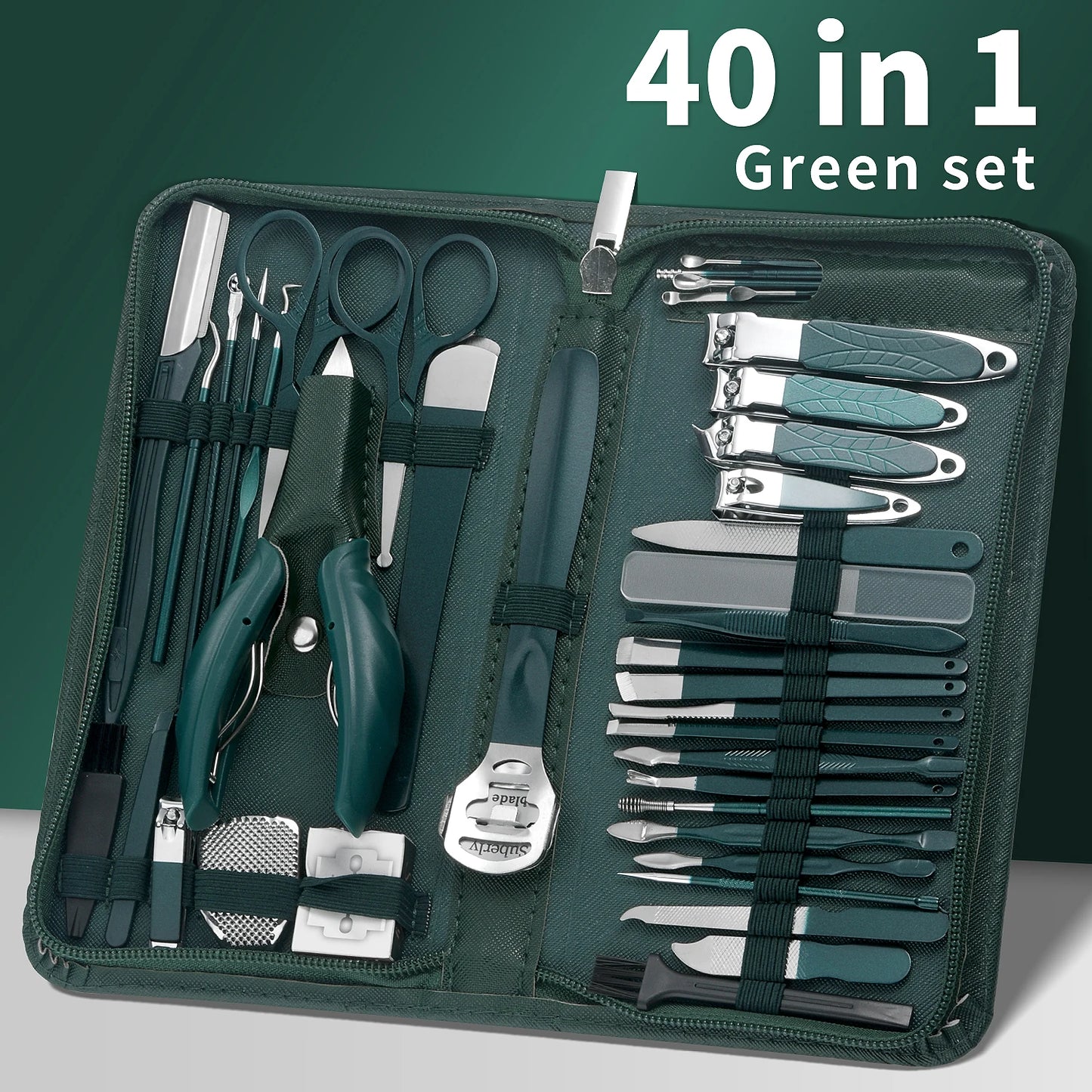 Manicure Set Pedicure Tools Set Nail Grooming Kit for Women Mens, 40 in 1（Dark Green） Nail Manicure Kit Foot Hand Care Kit Nail