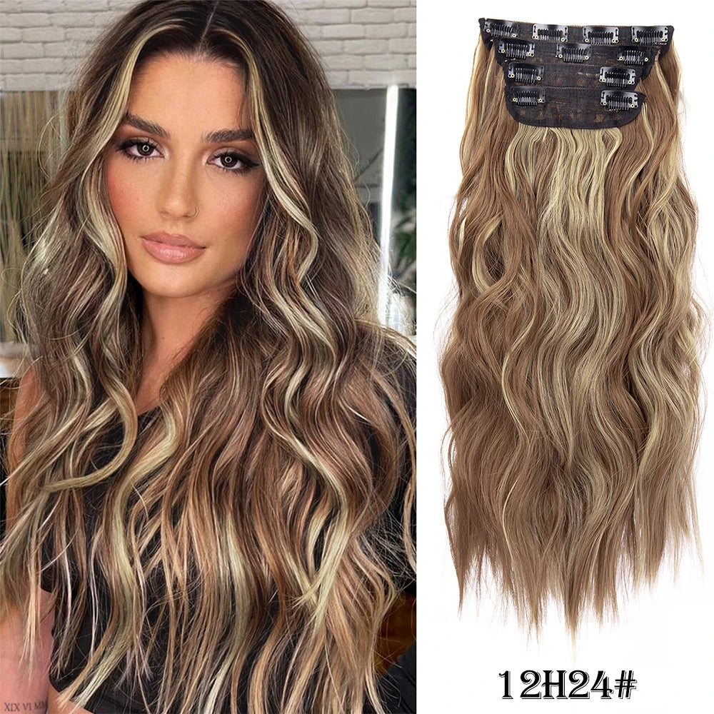 4Pcs/Set 20Inch Synthetic Hair Clip In Long Wavy Thick Hairpieces For Women Full Head Synthetic Hair Extensions Ombre Hairpieces