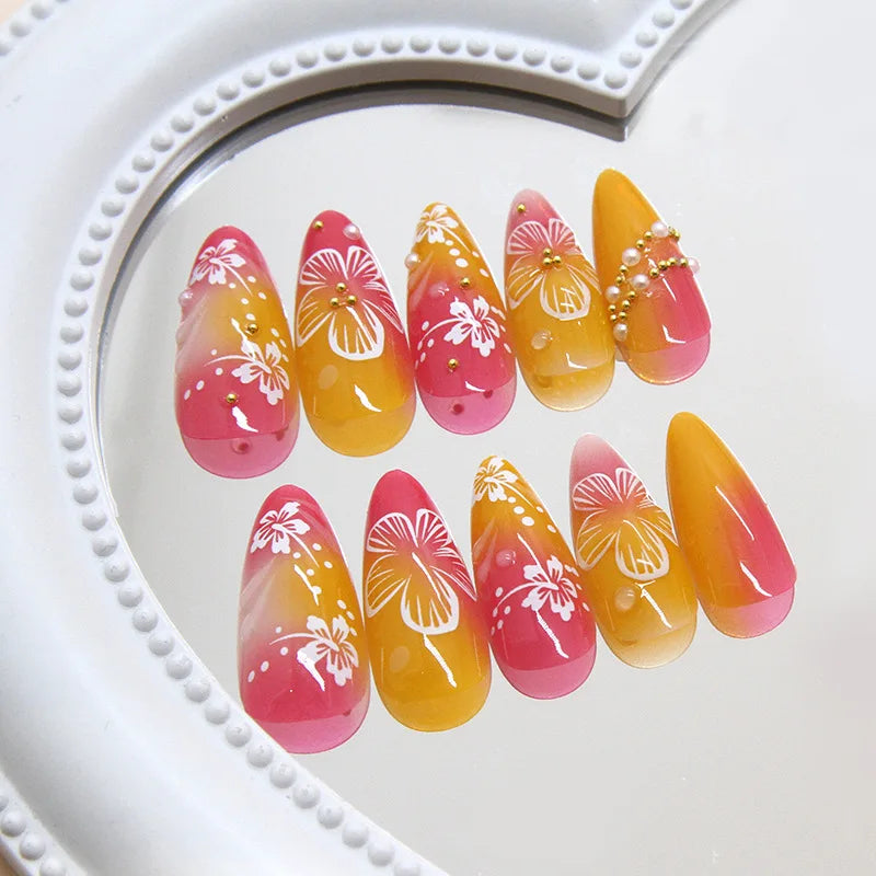 24pcs White Flower Fake Nail Tips Ins Yellow Pink Blush False Nails Wearable Full Cover European Almond Shaped Press on Nails