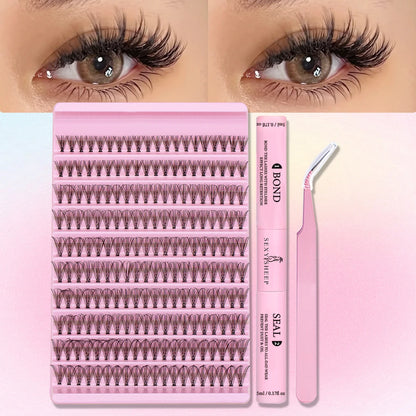 DIY Eyelash Extension Kit 200pcs Individual Lashes Cluster D Curl, 8-16mm Mix Lash Clusters with Lash Tweezers