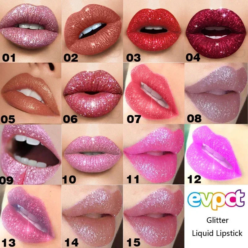 Waterproof Diamond Shimmer Glitter Lip Gloss 15 Colors Matte Glitter Liquid Lipstick Diamond Pearl Colour Lip Gloss Sexy Make Up