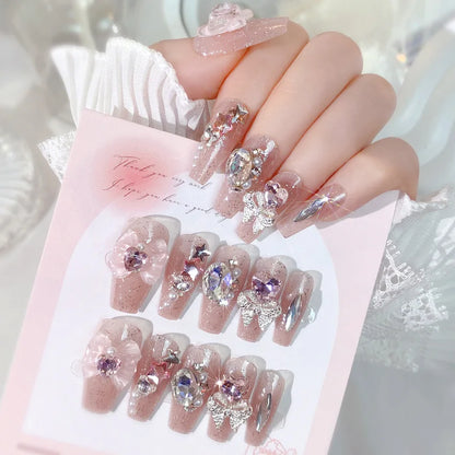 Blush Pink False Nails Bowknot Diamond Pearl 3D Design Press on Nail Tips with Harmless Smooth Edge Nails Woman DIY Fake Nails