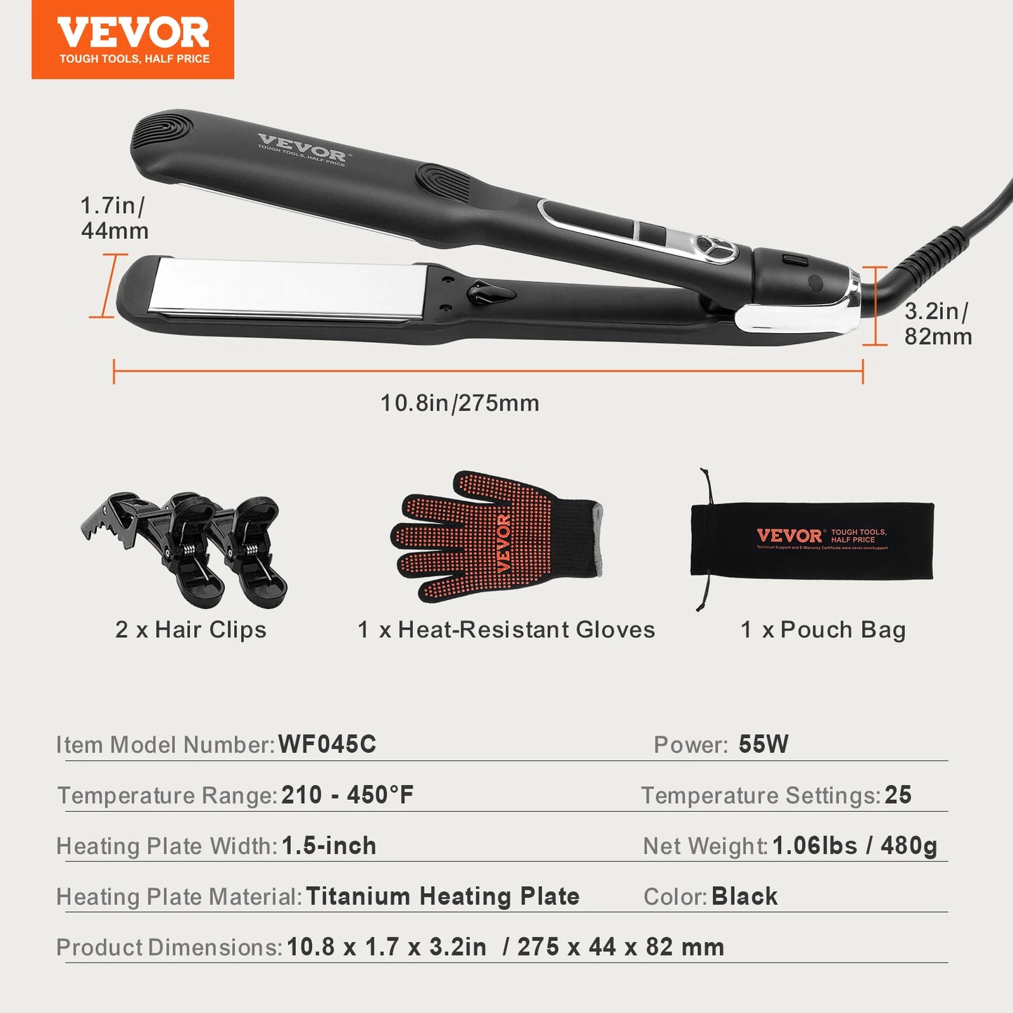 VEVOR Hair Straightener Negative Ions Hair Straightener Flat Iron with LCD Display and 25 Temp Levels for Salon Home Travel Use