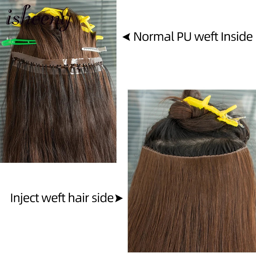 isheeny Twin Tabs Weft Human Hair Extensions Invisible Hole Weft Hair Natural Straight Pull Through Micro Weft Hair 25cm Width