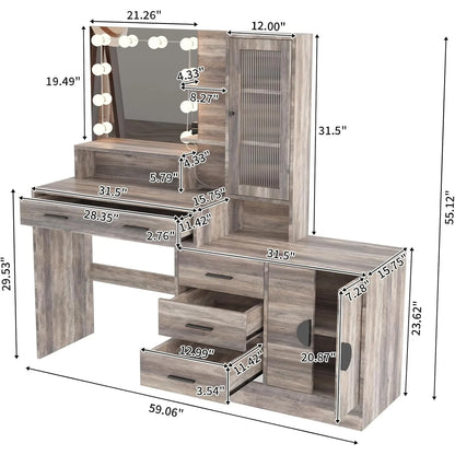 Vanity Desk with Light Mirror and Charging Station,Dressing Table with Drawers & Storage Shelves, Makeup Desk with 10 Led Lights