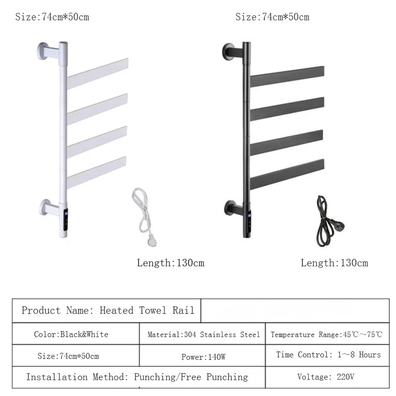 Towel Dryer Shelf Rotate180 Degrees Smart Electric Bath Towel Warmer Heating Towel Shelf Rack Rotatable Digital Display Function