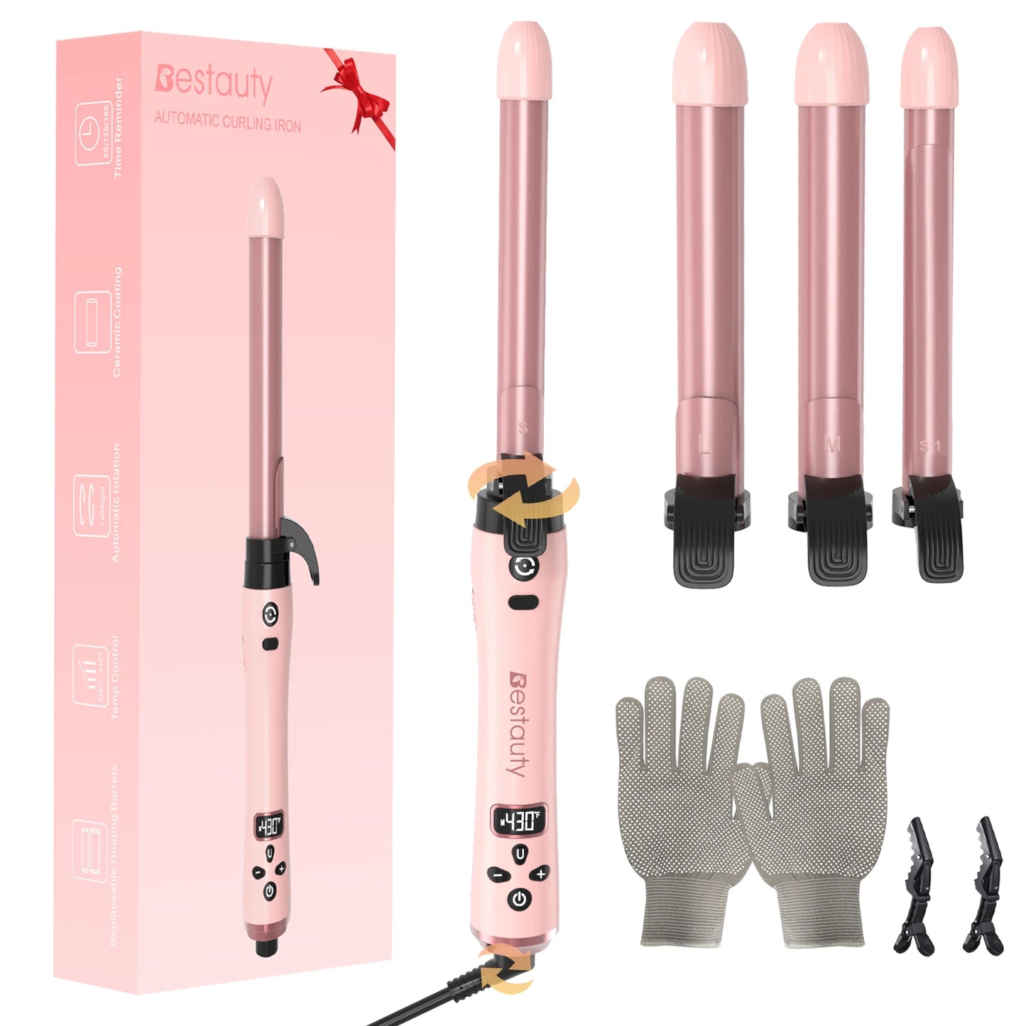 Hair Curler Ceramic Curling Iron Wand Set With Interchangeable Ceramic Barrel & Hair Clip & Heat Protective Glove