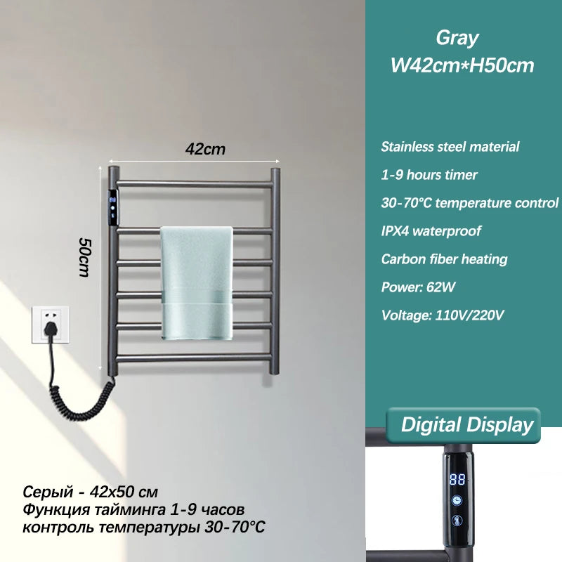 Stainless Steel Electric Heated Towel Rack With Touch Screen.Bathroom Wall Mounted Electric Towel Dryer.110V/220V Towel Radiator