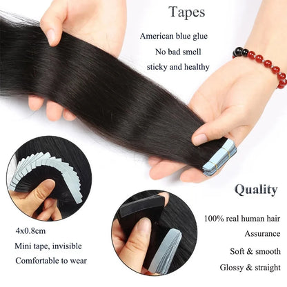 Straight Tape In Hair Extensions 100% Human Hair Skin Weft PU Seamless Double Sides Tape Natural Black 20Pcs 50g/Pack For Women