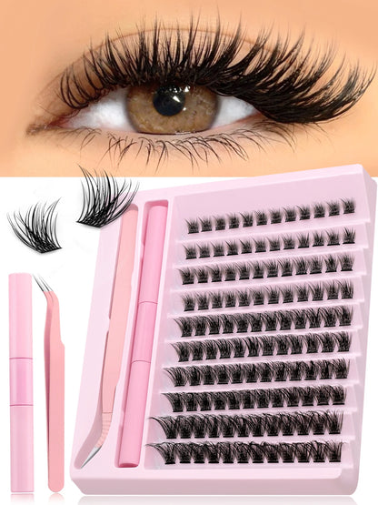 GROINNEYA Eyelash Clusters Kit DIY Lash Extension Kit Lash Bond And Seal And Eyelash Tweezers With Waterproof Strong Hold