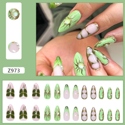 24pcs White Flower Fake Nail Tips Ins Yellow Pink Blush False Nails Wearable Full Cover European Almond Shaped Press on Nails