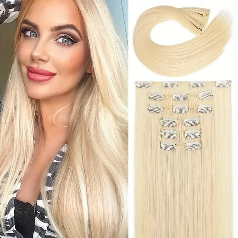 16pcs Clip In Long Straight Hair Extensions Synthetic Fiber Straight Hairpiece For Women Girls Hair Clips Hair Accessories