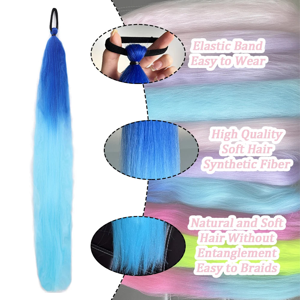 Synthetic Colorful Ponytail Extension 2Pcs Long Straight DIY Braided Pony Tail Hairpiece with Rubber Band Women Hair Accessories