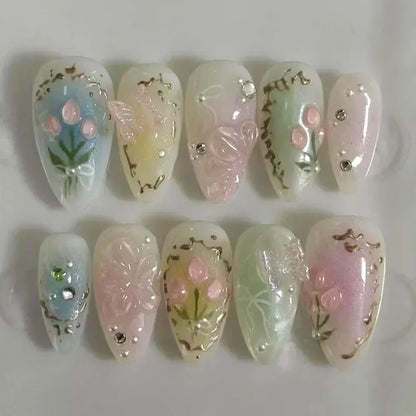 24Pcs Pink Almond False Nails Butterfly Ballet with French Design Wearable Fake Nails Simple Artificial Press on Nails Tips Art