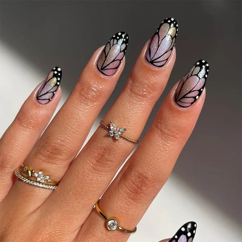 24pcs French False Nails Almond Head Summer Style Glitter Design Fake Nail Patch Full Cover Wearable Women Press on Nail Tips