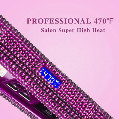 Professional Hair Straightener Titanium Flat Iron Rhinestone Straightening Iron Salon High Heat 470F Dual Voltage LCD Display