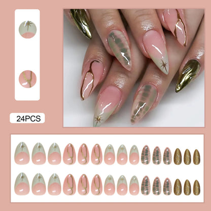 24pcs White Flower Fake Nail Tips Ins Yellow Pink Blush False Nails Wearable Full Cover European Almond Shaped Press on Nails