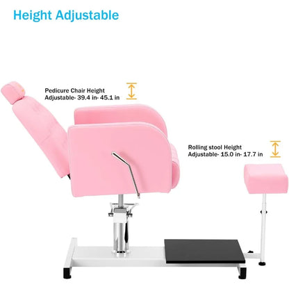 Chaise longue with foot massage tub and stool, hydraulically adjustable pedicure chair stand, 360° rotating beauty spa salon