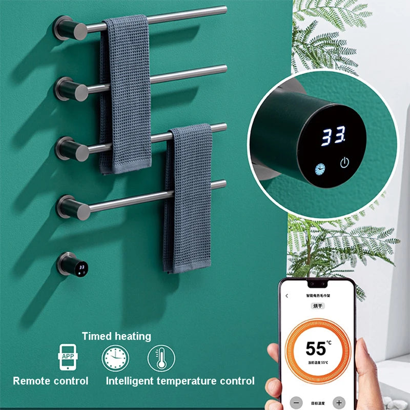 Bathroom Electric Heated Carbon Fiber Towel Rail Warmer Digital Display Temperature Time Control Smart Home Concealed Bar Dryer