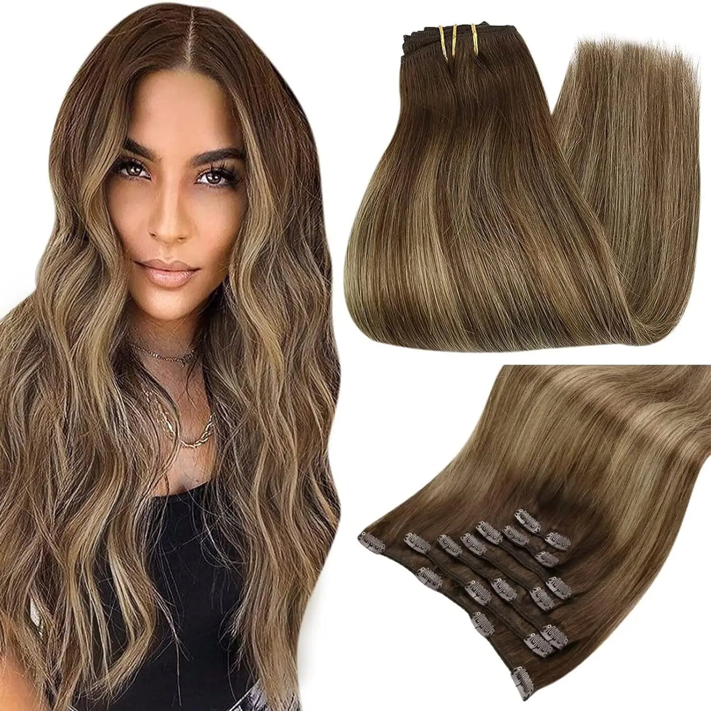 Full Shine Human Hair Extensions Clip in Hair Extensions Human Hair 7PCS 105G Double Weft Hair Extensions Human Hair For Woman