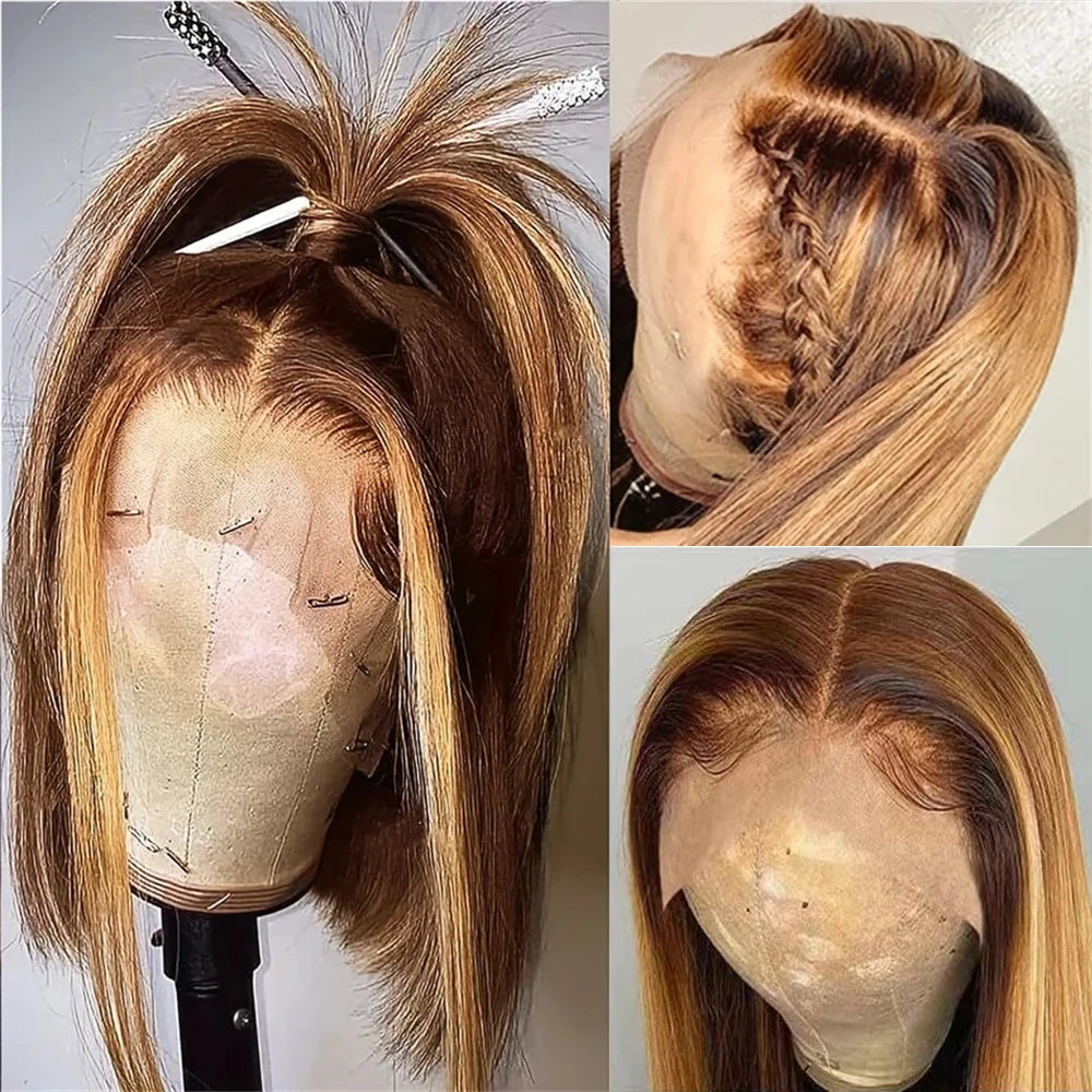 Straight Short Bob 100% Human Hair Wig Highlight 13x4 Lace Frontal Human Hair Wigs Bob Honey Blonde Ombre Brown Lace Front Wig