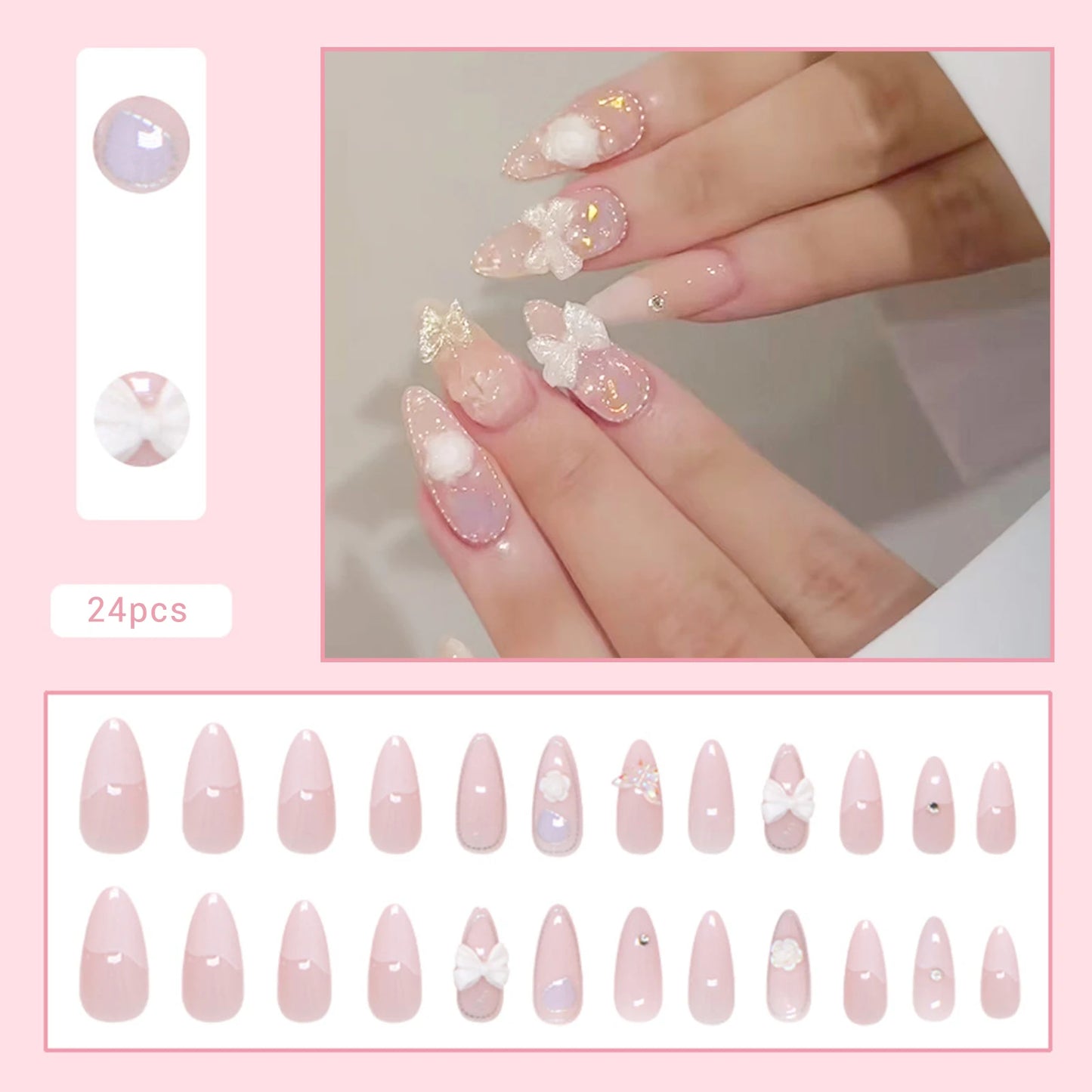 24pcs White Flower Fake Nail Tips Ins Yellow Pink Blush False Nails Wearable Full Cover European Almond Shaped Press on Nails