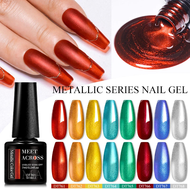 MEET ACROSS 7ml Red Metallic Color Gel Nail Polish Red Gold Silver Semi permanent Soak Off UV Gel Varnish Nail Art For Manicure