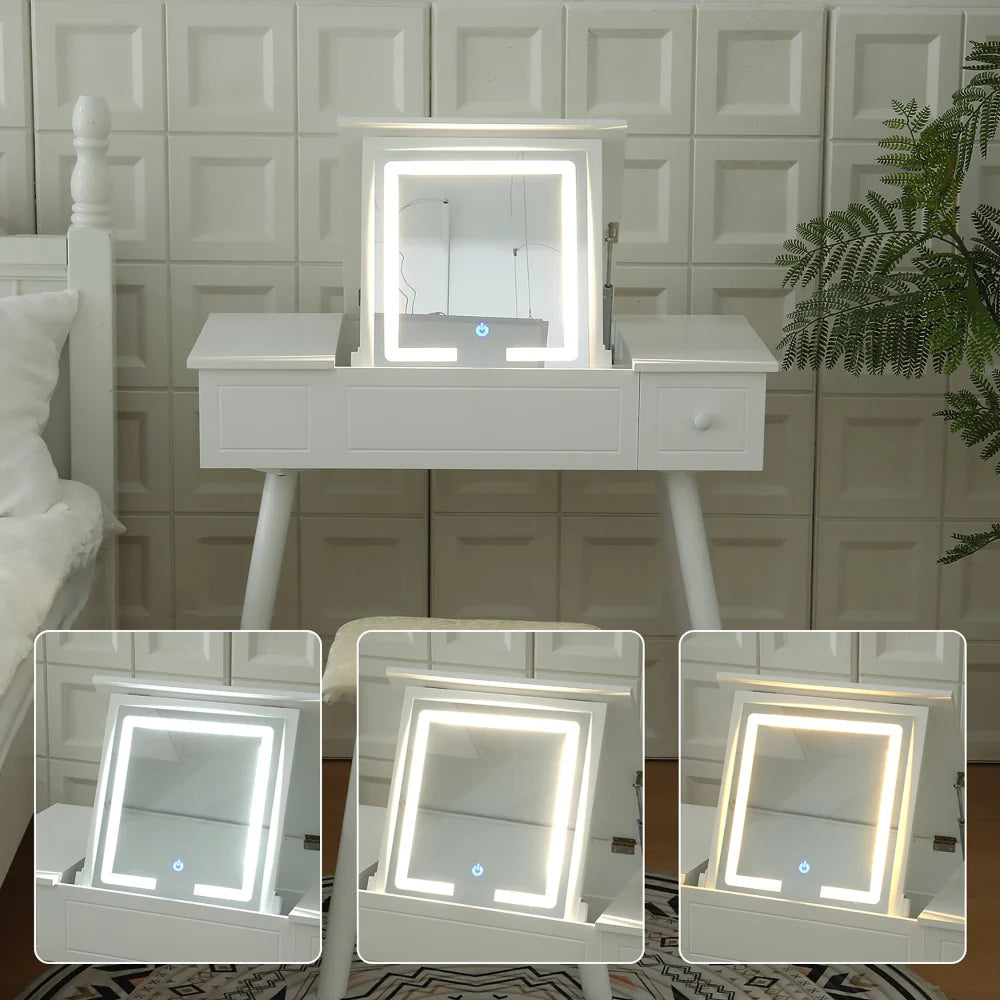 Vanity Desk Set with LED Lighted Mirror Power Outlet, Flip Top Makeup Vanity Table with Drawers  Cabinet, for Bedroom, Bathroom,