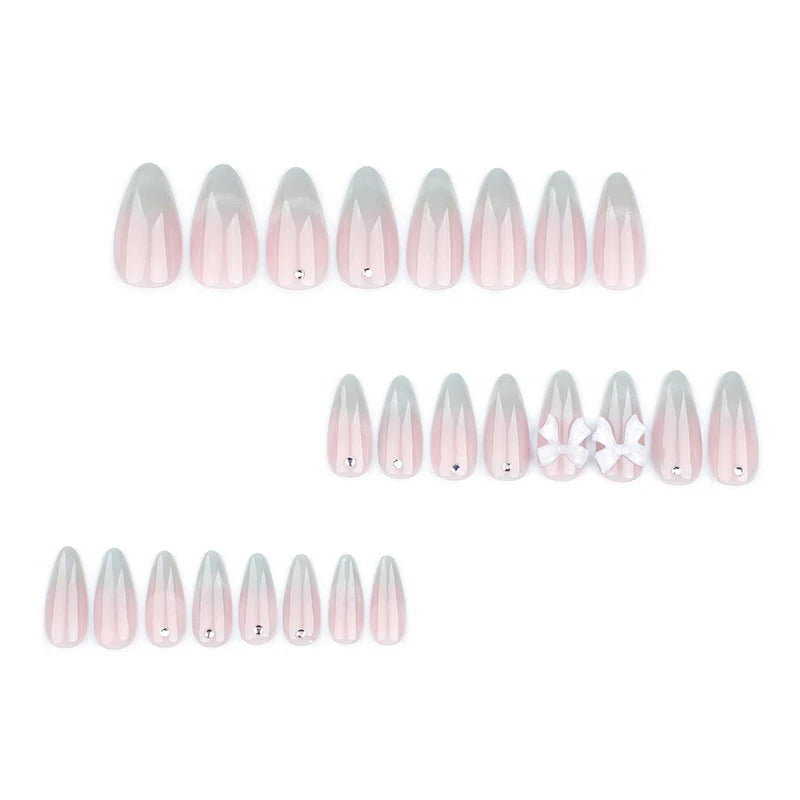 24pcs Sweet Cat Eye French Press on Nails Diamond-Pointed Three Dimensional Bow Knot Wearable Nail For Women&Girl Almond Nail