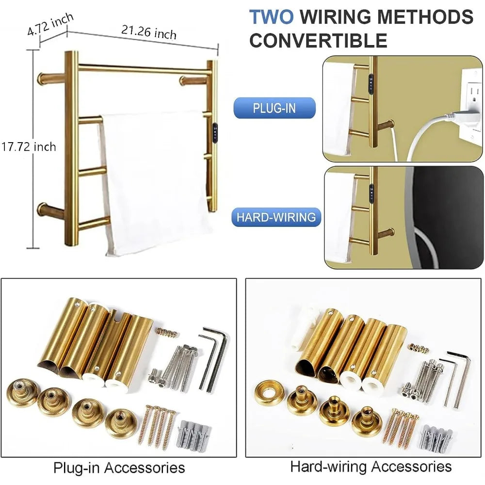 Heated Towel Rack Gold,4 Bars Towel Warmer Rack for Bathroom Wall Mounted,Timer & Temperature Control Electric Towel Drying Rack