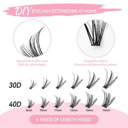 DIY Lashes Extension Kit Lash Bond and Seal Remover Eyelashes 200 PCS Clusters Makeup Tools for Gluing Lashes Gluing Glue