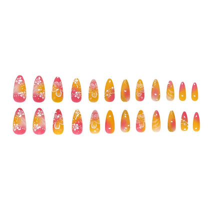 24pcs White Flower Fake Nail Tips Ins Yellow Pink Blush False Nails Wearable Full Cover European Almond Shaped Press on Nails