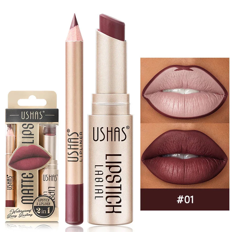 USHAS 12 Color Lip Liner + LIPSTICK Set Easy Coloring Matte Lipstick Long lasting nude red lipstick