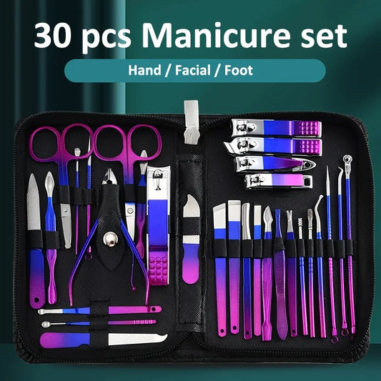 Manicure Set 30 in 1 Nail Clipper Set Blue-red Anti Splash Fingernail Cutter Stainless Steel Nail Scissor Cuticle Tools