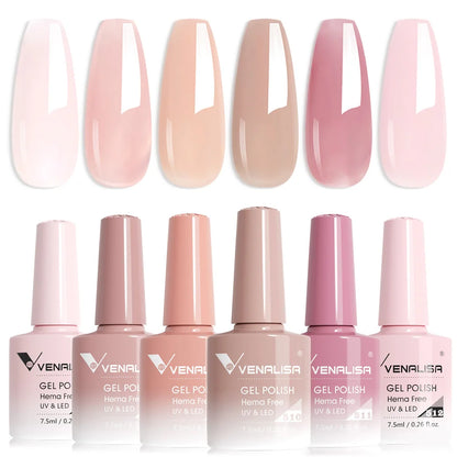 Venalisa Color Nail Gel Polish Kit  Jelly Pink Semi-transparent HEMA FREE Self Leveling Nude Natural Pink Nail Manicure Set