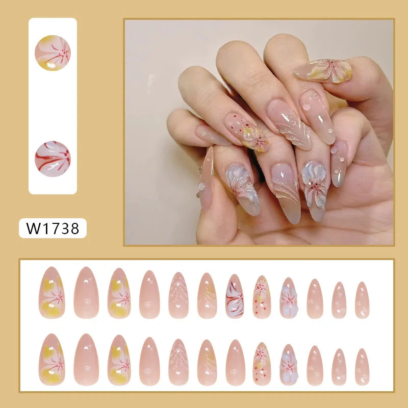 24pcs White Flower Fake Nail Tips Ins Yellow Pink Blush False Nails Wearable Full Cover European Almond Shaped Press on Nails