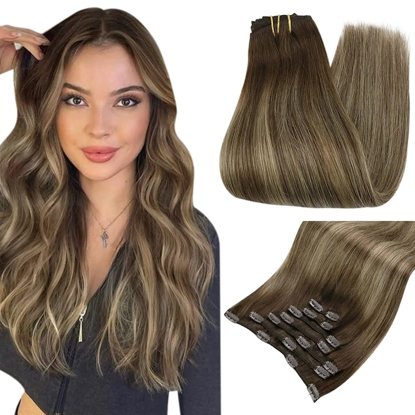 Full Shine Human Hair Extensions Clip in Hair Extensions Human Hair 7PCS 105G Double Weft Hair Extensions Human Hair For Woman