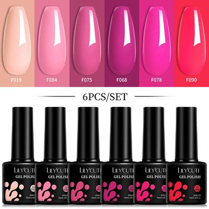 LILYCUTE 6Pcs/Set 7ML Gel DIY Nail Polish Bright Pink Semi Permanent Soak Off UV LED Gel Varnish Nail Art Design Manicure Kit