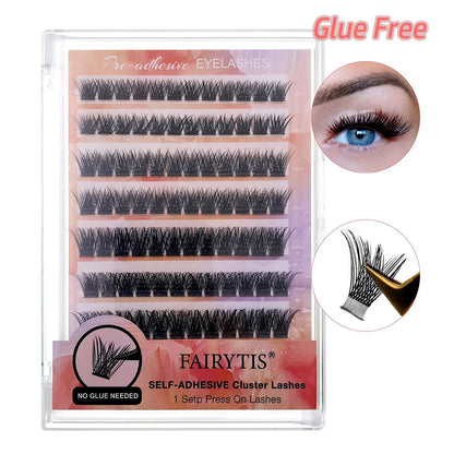 FAIRYTIS Self Adhesive Eyelashes 96 PCS Pre-Glued Cluster Lashes No Glue No Remover 10-16mm C Curl 1 Step DIY Lash Save Time