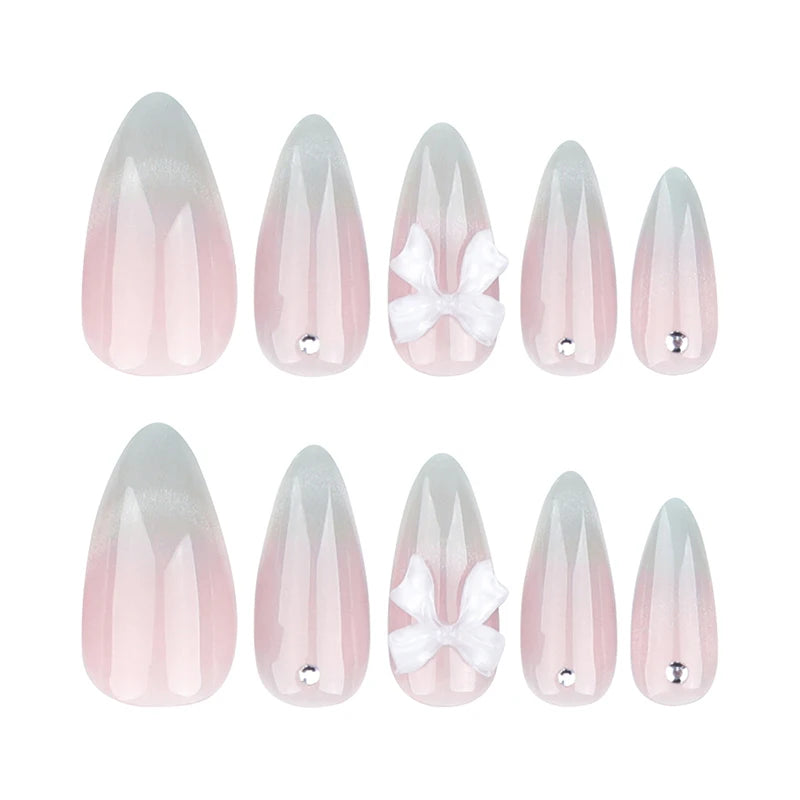 24pcs Sweet Cat Eye French Press on Nails Diamond-Pointed Three Dimensional Bow Knot Wearable Nail For Women&Girl Almond Nail