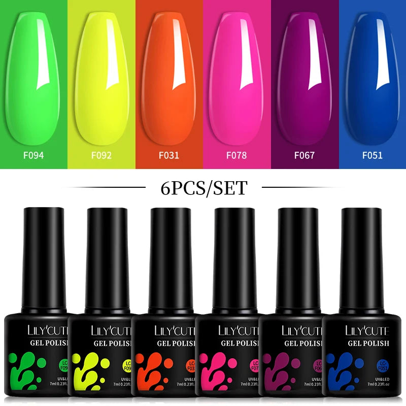 LILYCUTE 6Pcs/Set 7ML Gel DIY Nail Polish Bright Pink Semi Permanent Soak Off UV LED Gel Varnish Nail Art Design Manicure Kit