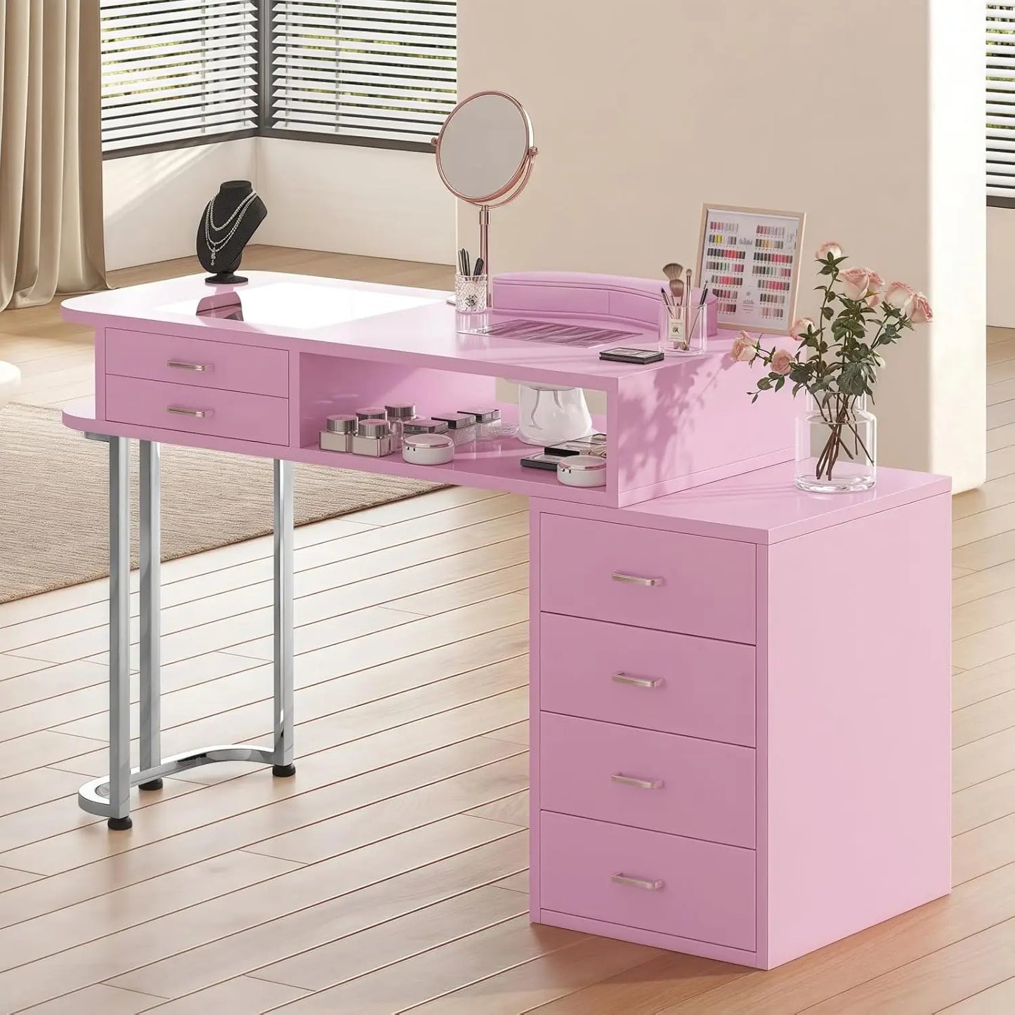 Professional Manicure Table, Large Nail Table for Nail Tech with Glass Top, Nails Workstation with Dust Collector, Wrist Cushion