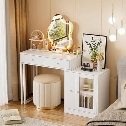 Makeup Vanity Desk with Mirror and Lights, Makeup Table W/ Lots Storage, 3 Lighting Modes, Brightness Adjustable, Dressing Table