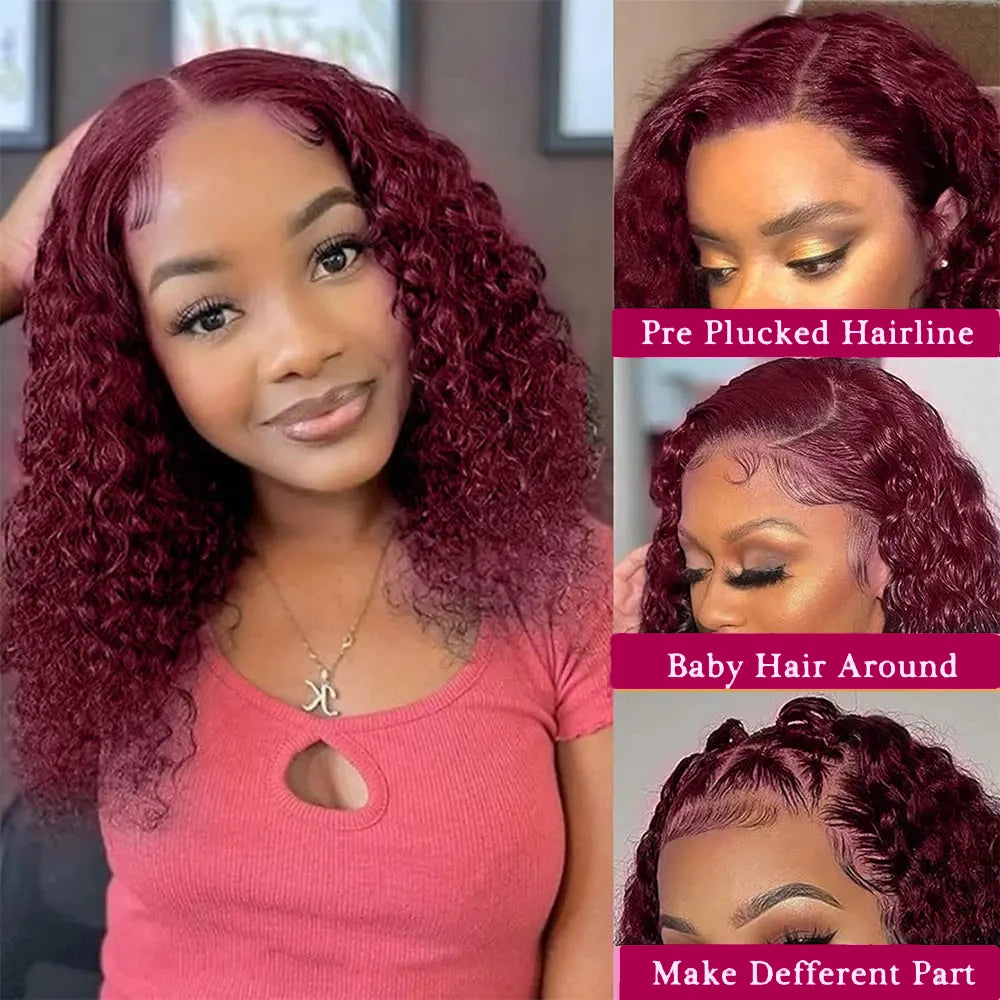 99J Burgundy Curly Short Bob Hair Wigs Human Hair Brazilian Hair 13x4 Deep Wave Lace Frontal Wig Red Colored Lace Front Bob Wigs