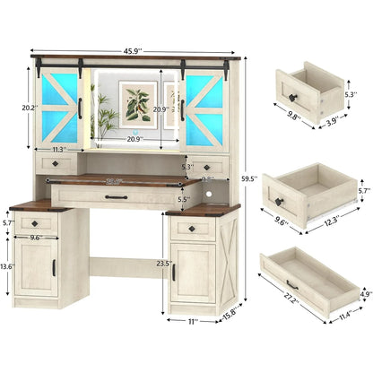 Farmhouse Vanity Desk with Mirror and Lights, 45.9" Makeup Vanity Table with Charging Station & Drawers & Sliding RGB Cabinets