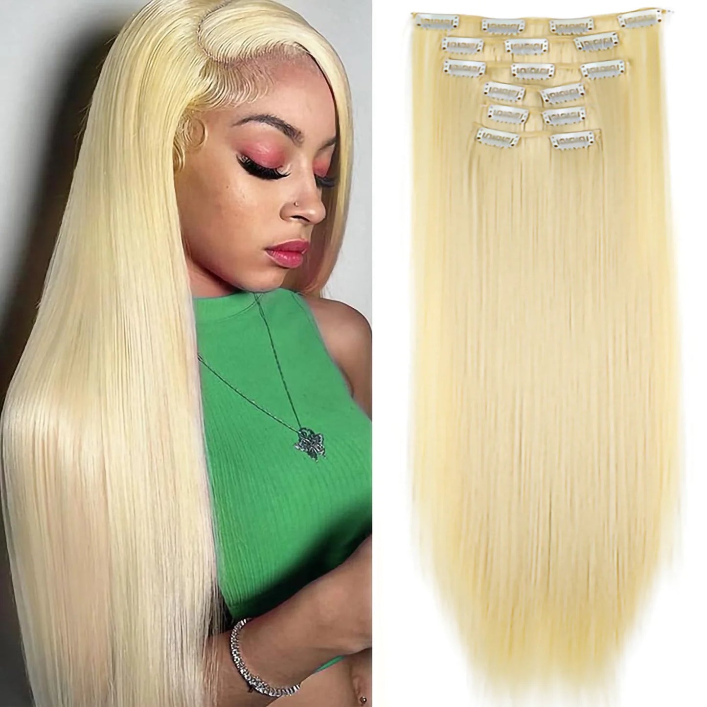 24Inch 16 Clips in Hair Extensions Long Straight Hairstyle Synthetic Blonde Black Hairpieces Heat Resistant False Hair Daily Use