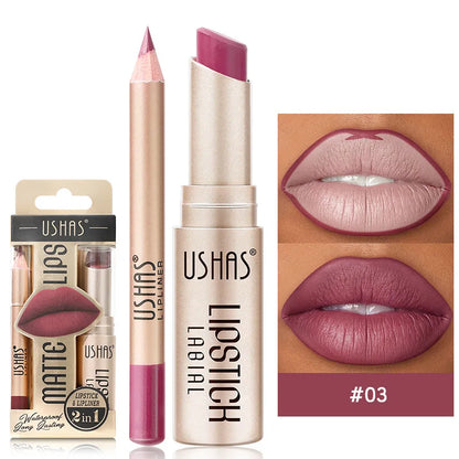 USHAS 12 Color Lip Liner + LIPSTICK Set Easy Coloring Matte Lipstick Long lasting nude red lipstick