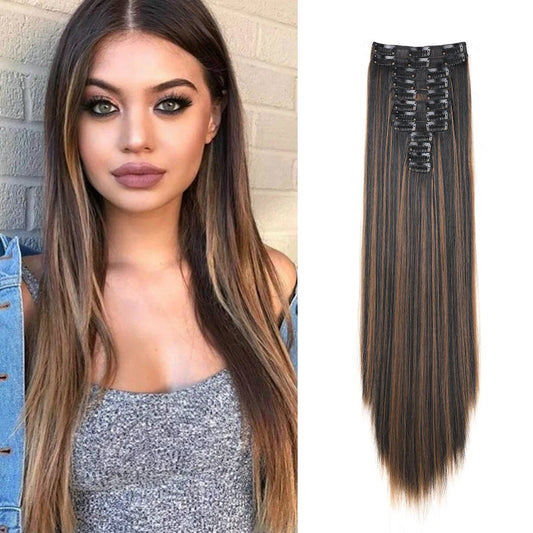 20Inchs Hair Synthetic Extensions 12pcs/set  Straight Hairstyle Full Head Clip 22 Clips  Hair Extensions For Women Girls