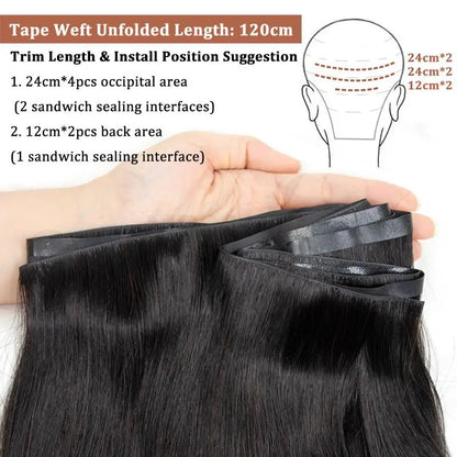 Invisible Long Tape PU Weft Human Hair Bundles Real Natural Hair Seamless & No-Glue Injected Tape In Hair Extensions Thick Ends