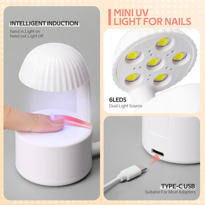 Mini UV LED Nail Lamp 6 LEDs Nail Dryer Type-C Charging Portable Manicure Lamp with Smart Induction Nail Art Tools